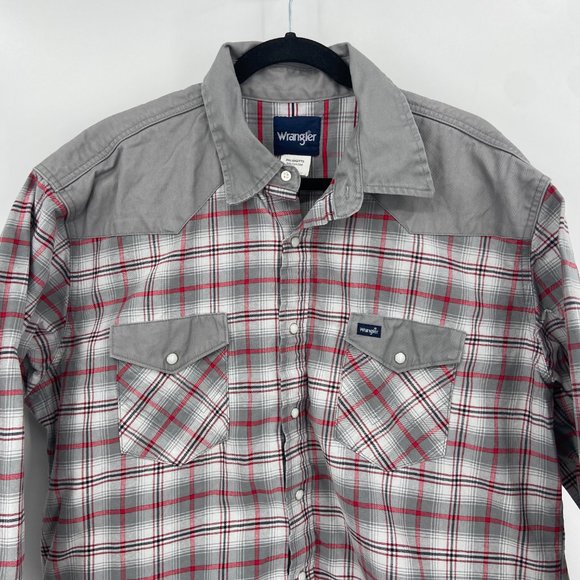 WRANGLER Gray Red Plaid Super Stiff Fabric Work Wear Pearl Snap Shirt Size XXL - Picture 3 of 4